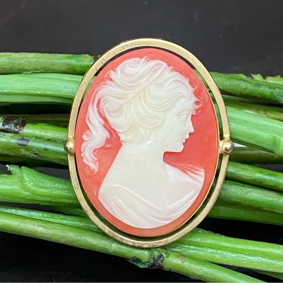 Vintage Unsigned Coral Victorian Cameo Gold-tone Brooch - Picture 2 of 11